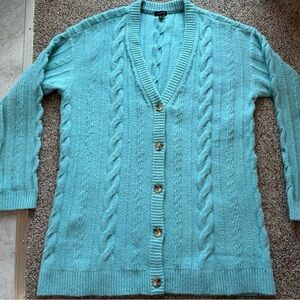Talbots Light Blue Cable Knit Cardigan made from acrylic, nylon & wool blend